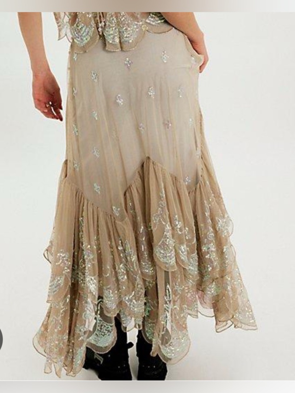 Free People Ciara Shimmer Sequence Tan Maxi Midi Ling Skirt size XS